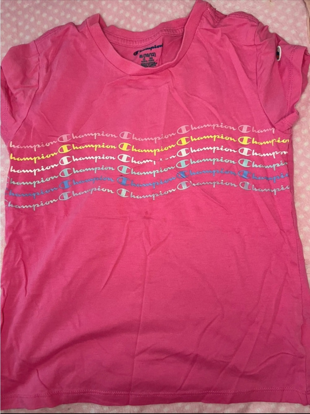 Champion Girls' Pink Short Sleeve Logo Tee with Multicolor Script